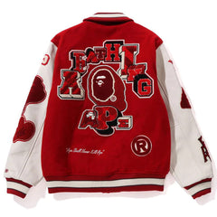 BAPE Leather Long Sleeve Red Baseball Jacket